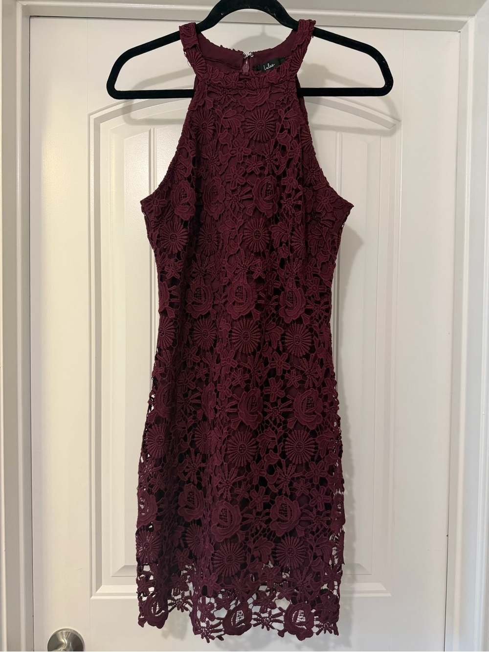 Lulu's Wine Floral Crochet Halter Mini Dress